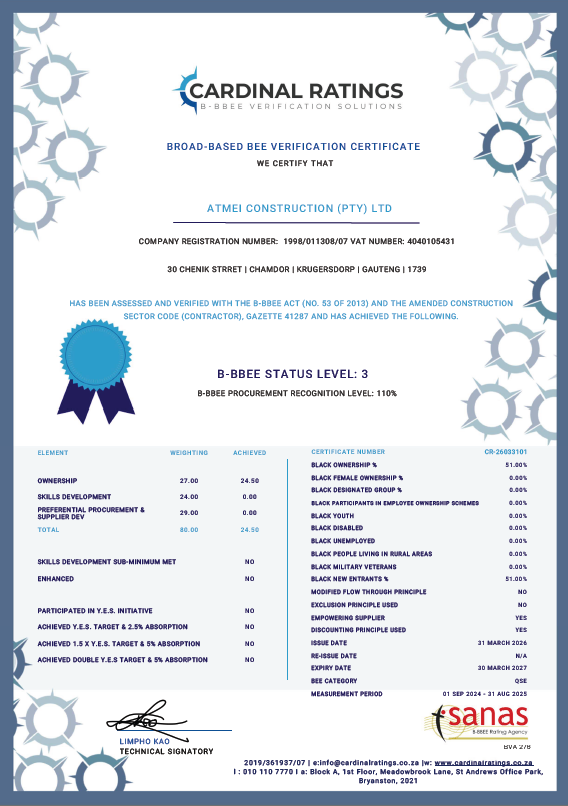 BBBEE Certificate - ATMEI Construction 31-03-2026 to 30-03-2027
